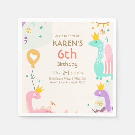 Serviette En Papier Dinosaure de Whimsical Princess Anniversaire (Devant)