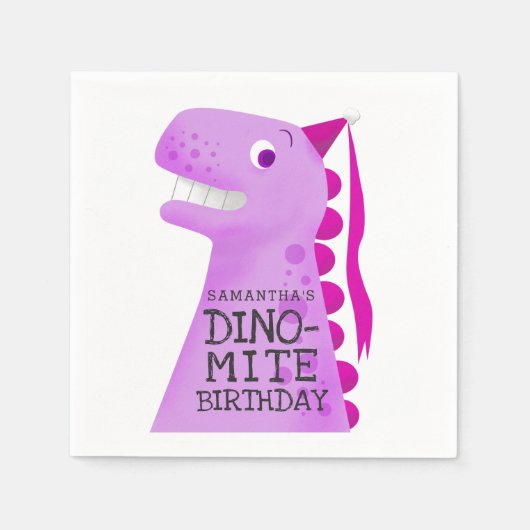Serviette En Papier Dinosaure rose fête d'anniversaire (Devant)