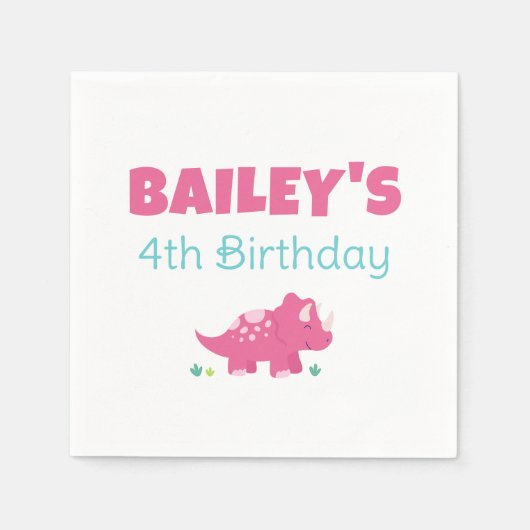 Serviette En Papier Dinosaure rose fête d'anniversaire (Devant)