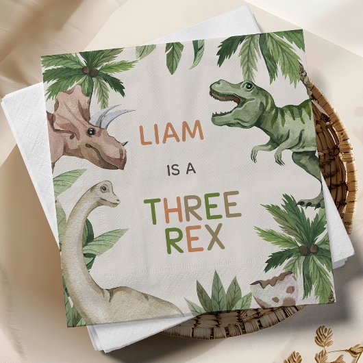 Serviette En Papier Dinosaure vert rustique Trois Rex 3e anniversaire