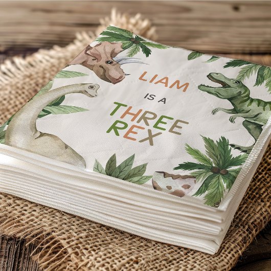 Serviette En Papier Dinosaure vert rustique Trois Rex 3e anniversaire