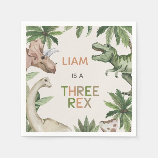 Serviette En Papier Dinosaure vert rustique Trois Rex 3e anniversaire (Devant)