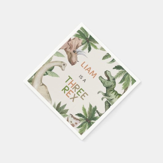 Serviette En Papier Dinosaure vert rustique Trois Rex 3e anniversaire (Coin)