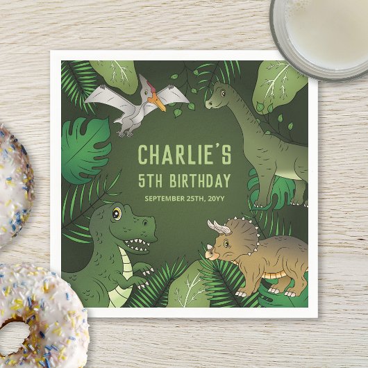 Serviette En Papier Dinosaures Sur Vert Avec Fête D'Anniversaire Feuil