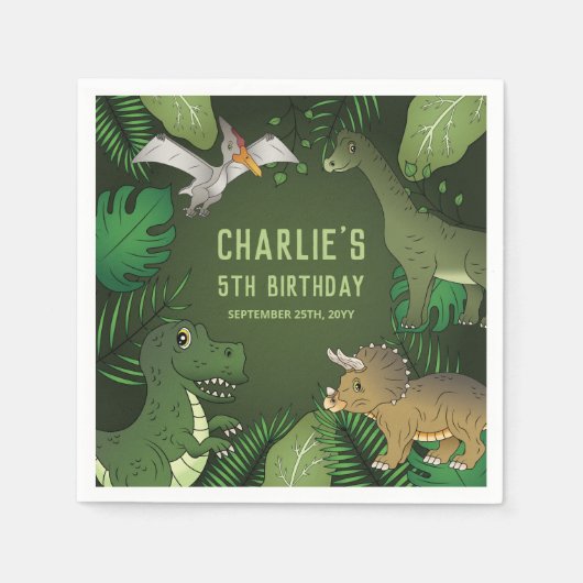 Serviette En Papier Dinosaures Sur Vert Avec Fête D'Anniversaire Feuil (Devant)
