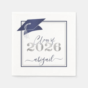 Serviette En Papier Diplômé 2026 Faux Métallisé Marine Argent Script