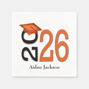 Serviette En Papier Diplômé 2026 Orange et Noir avec Nom