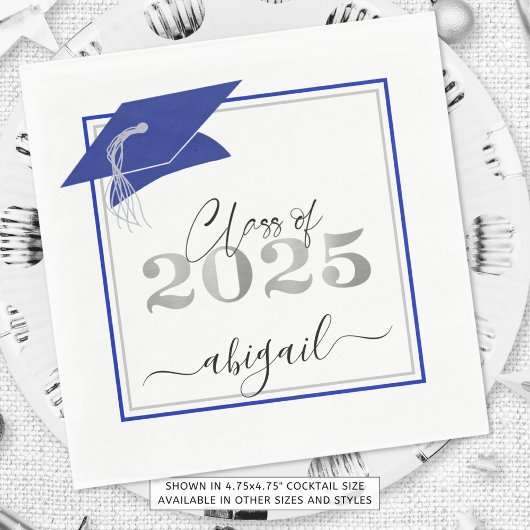 Serviette En Papier Diplôme Cap 2025 Royal Blue Silver Script