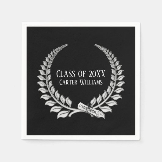 Serviette En Papier Diplôme de diplôme Silver Laurel sur Noir (Devant)