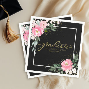 Serviette En Papier Diplômé Fleur rose vif Fête de graduation Noir