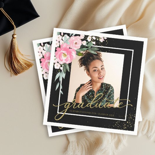 Serviette En Papier Diplômé rose chaud Floral Grad Party photo noir