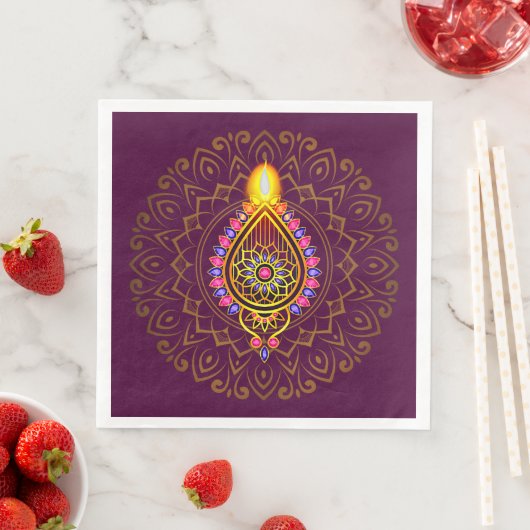 Serviette En Papier Diwali Bijoux Diya Design bougie Mandala Purple (En situation)