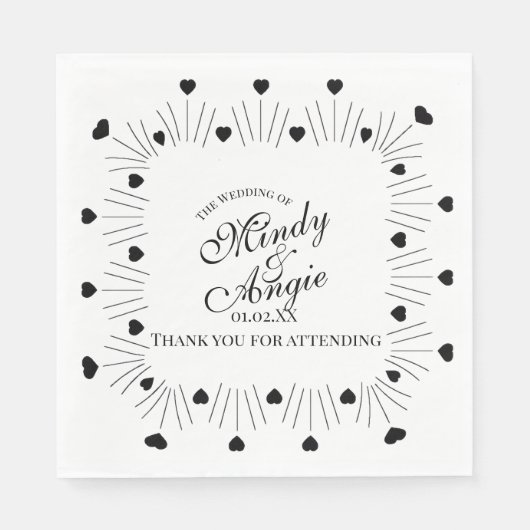 Serviette En Papier Doodle Hearts Frame Script Wedding (Devant)