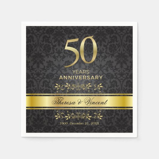 Serviette En Papier Doré brille noir Damas 50 Mariage Anniversaire (Devant)