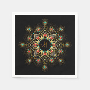 Serviette En Papier Doré Turquoise Rouge Mandala Monogram serviettes