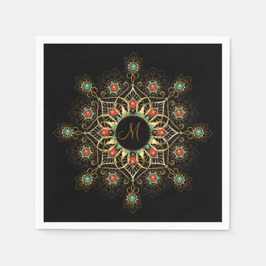Serviette En Papier Doré Turquoise Rouge Mandala Monogram serviettes (Devant)
