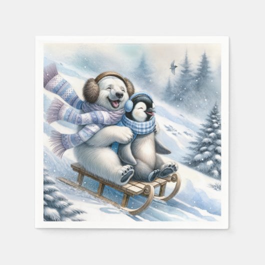 Serviette En Papier Dormir d'ours polaire avec un pingouin (Devant)
