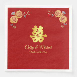 Serviette En Papier Double bonheur floral mariage chinois orange rouge