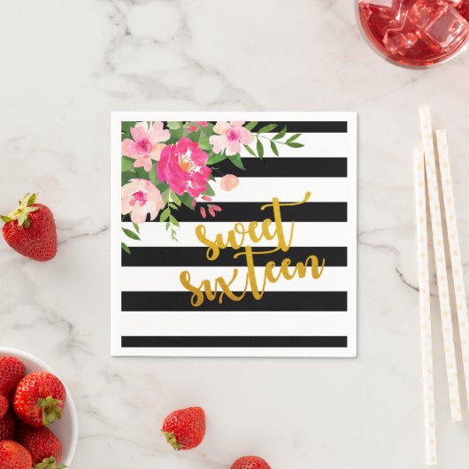 Serviette En Papier Douce 16 Napkin - Grandes bandes Noires/Blanches (En situation)
