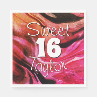 Serviette En Papier Douce 16 Rouge & Orange Marbre Personnalisé