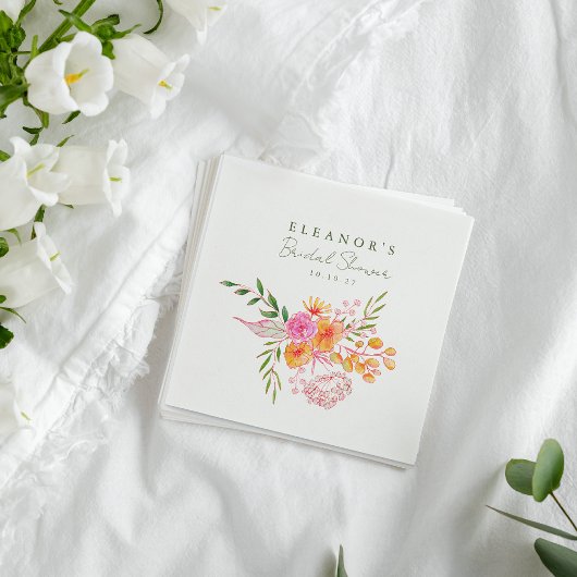 Serviette En Papier Douce Fête de Mariage Rose Orange Floral Aquarelle