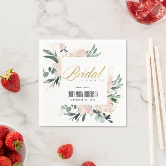 SERVIETTE EN PAPIER DOUCE ROSE CADRE FLORAL AQUARELLE ENTERREMENT DE V (En situation)