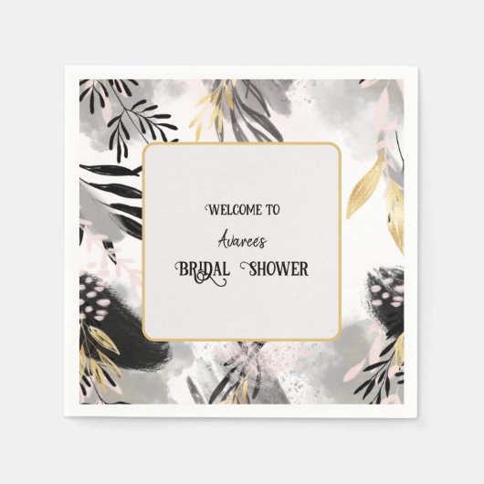 Serviette En Papier Douche à feuilles noires, grises et dorées (Devant)