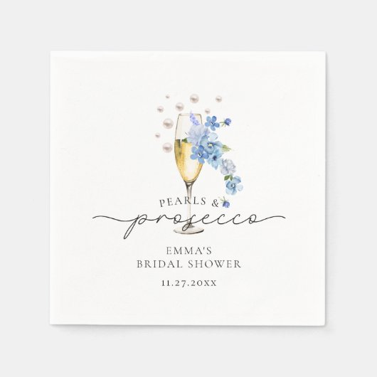 Serviette En Papier Douche Bleue Florale Perles & Prosecco Enterrement (Devant)