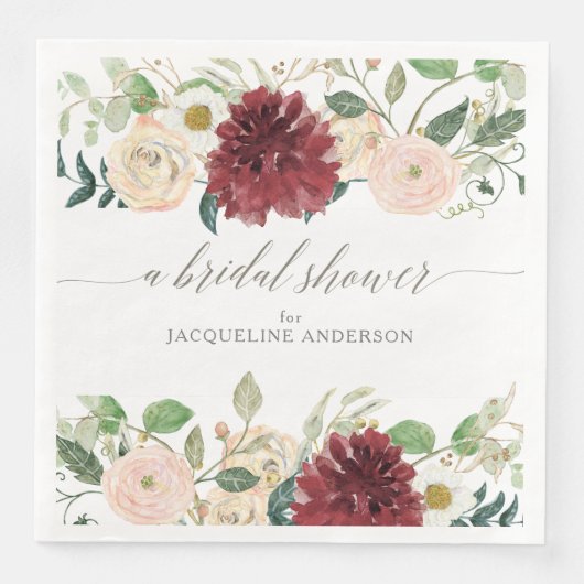 Serviette En Papier Douche de Mariée Automne Bourgogne Rose Floral Feu (Devant)
