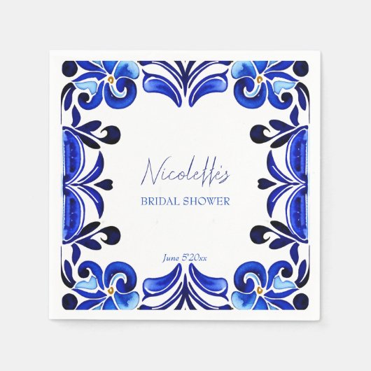 Serviette En Papier douche de mariée carreaux méditerranéens bleu fran (Devant)