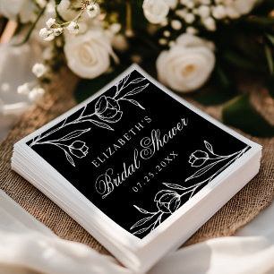Serviette En Papier Douche de Mariée Florale Esquissee Noir et Blanc