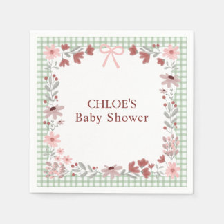 Serviette En Papier Douche éditable en gingham avec ruban fleuri vert 