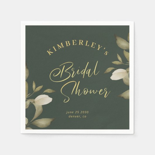 Serviette En Papier Douche nuptiale élégant or vert foncé floral (Devant)