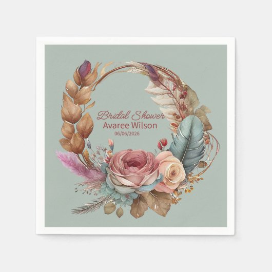 Serviette En Papier Douche rose turquoise Quietude Sage Vert Plumes (Devant)