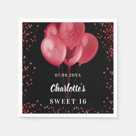 Serviette En Papier Doux 16 ballons rouges noirs (Devant)