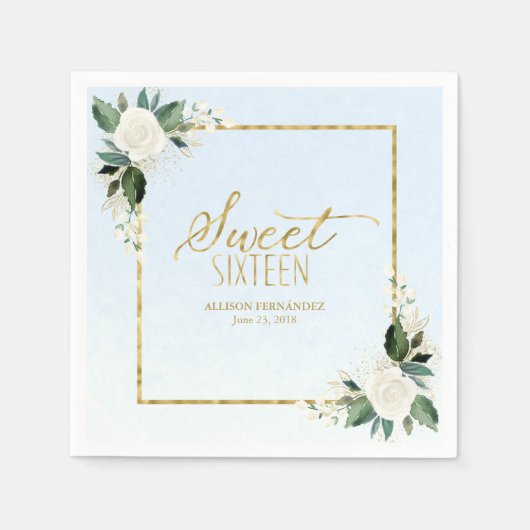 Serviette En Papier Doux 16 Partie Dusty Blue Gold Foil Floral (Devant)