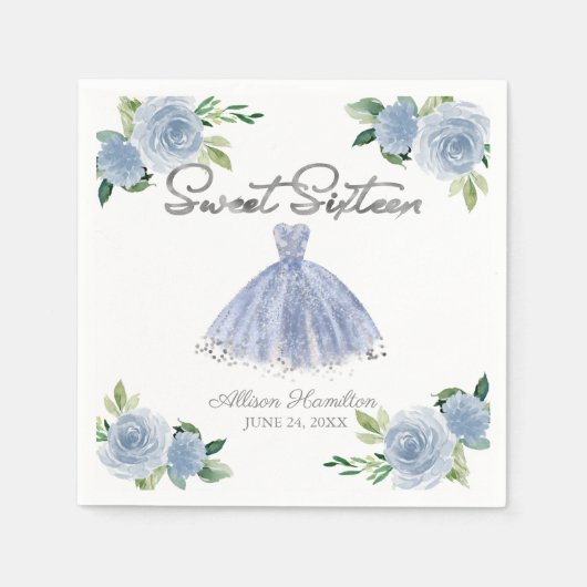 Serviette En Papier Doux 16 serviettes Argent Dusty Blue Gown Floral (Devant)