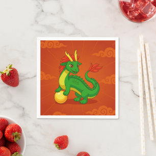 Serviette En Papier Dragon Chinois Vert sur Fond Rouge