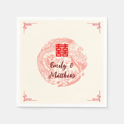Serviette En Papier Dragon et Phoenix mariage chinois beige rouge (Devant)
