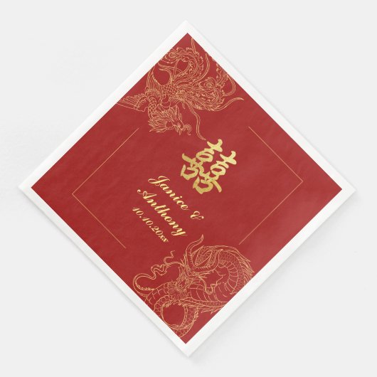 Serviette En Papier Dragon Phoenix traditionnel Mariage chinois rouge  (Coin)