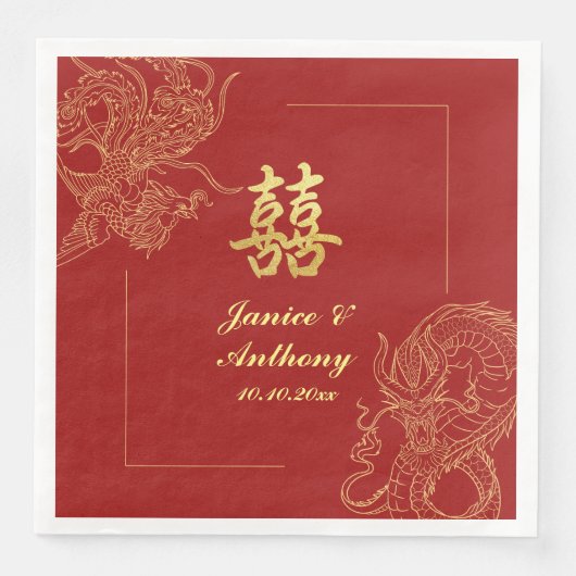 Serviette En Papier Dragon Phoenix traditionnel Mariage chinois rouge  (Devant)