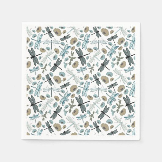 Serviette En Papier Dragonflies Fleurs Blues Grey Motif (Devant)