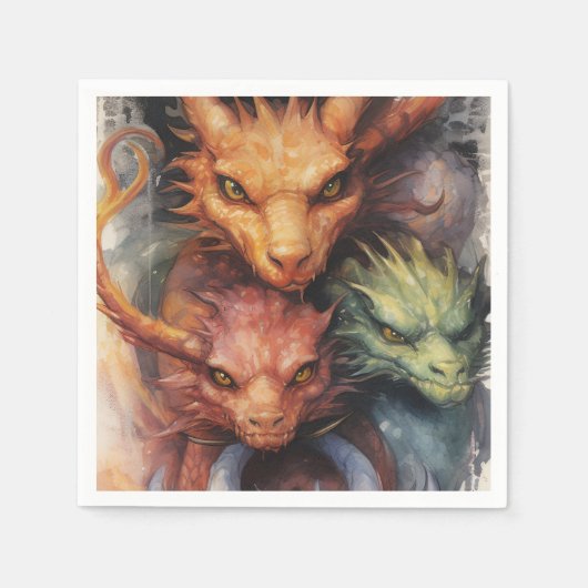 Serviette En Papier Dragons verts orange rouge (Devant)