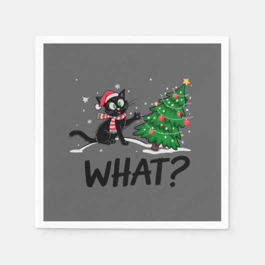 Serviette En Papier Drôle Chat Noir Poussant Arbre De Noël Chat Quoi ? (Devant)