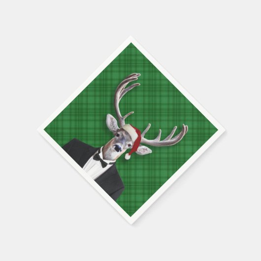 Serviette En Papier Drôle Noël Chapeau Noël Cerf Vert Plaid (Coin)