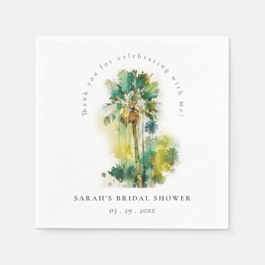 Serviette En Papier Dusky Tropical Aquarelle Palm Trees Fête des marié (Devant)