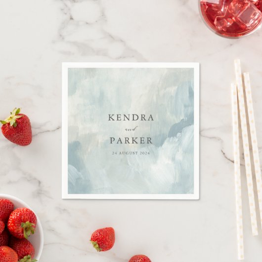 Serviette En Papier Dusty Bleu Artistique Abstrait Brushstrokes Mariag (En situation)