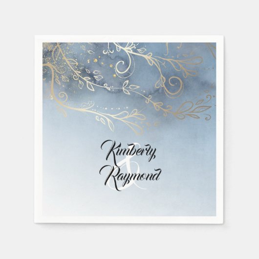 Serviette En Papier Dusty bleu et or Mariage moderne (Devant)