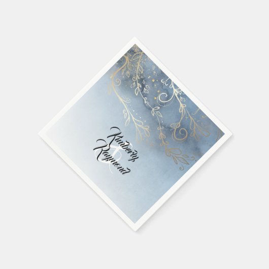 Serviette En Papier Dusty bleu et or Mariage moderne (Coin)