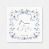 Serviette En Papier Dusty bleu floral vert ruban élégant mariage (Devant)